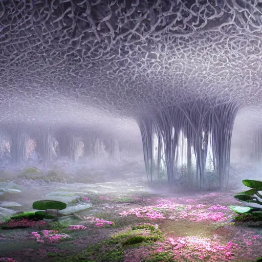 Image similar to biocomputer heart organ intertwined with white biocomputer flowers in a biomechanical cave forest, intricate environment, matte painting, diffused lighting, highly detailed cinematic, atmosphere, diffused lighting, highly detailed digital art, trending on artstation, depth of field, wide angle