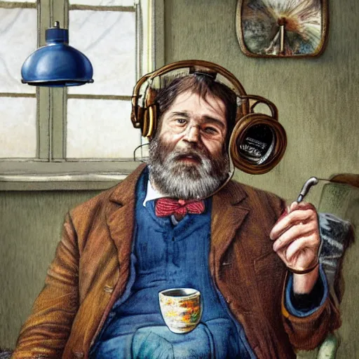 Prompt: a hyper-detailed photorealistic painting by Beatrix Potter of a short-bearded wild-haired man wearing a tie-dye t-shirt, wearing steampunk headphones and sitting in an overstuffed easy chair in his sunlit vliving room, holding a coffee cup and several donuts and smoking a steampunk hookah, pleasant psychedelic color scheme, perfect eyes, IBEX masters, octane render, unreal engine