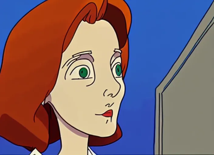 Image similar to an animation still of dana scully, in the style of studio ghibli, netflix animation, toei animation, filmation animation, traditional animation, sharp detail, animation cel, 2 - level shading