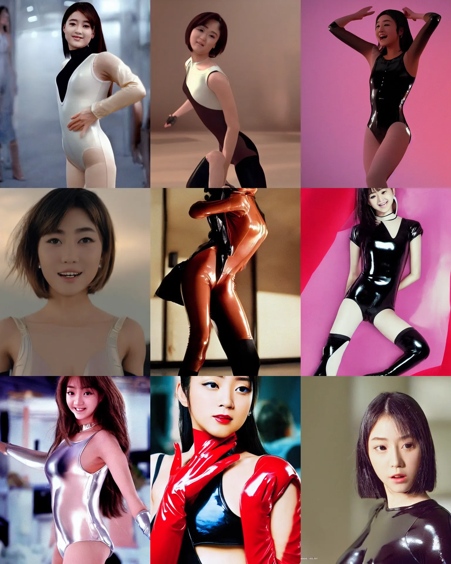 Image similar to Worksafe,clothed.1990s,unbelievably beautiful,perfect,dynamic,epic,cinematic movie shot of a close-up beautiful cute young J-Pop idol actress girl in latex leotard,expressing joy.By a Iranian movie director.Motion,VFX,Inspirational arthouse,high budget,hollywood style,at Behance,at Netflix,Instagram filters,Photoshop,Adobe Lightroom,Adobe After Effects,taken with polaroid kodak portra