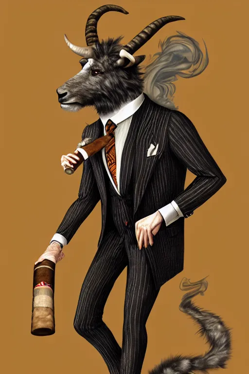 Prompt: beautiful portrait commission of a male furry anthro mountain goat wearing a pinstripe suit and waistcoat, smoking a cigar, award-winning, detailed, trending on artstation