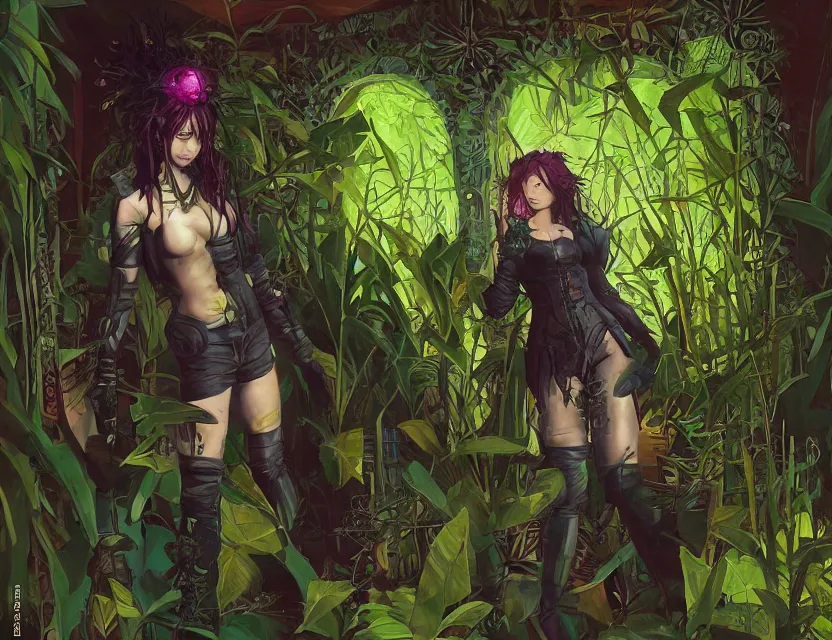 Image similar to the cyberpunk princess overgrown by plants. this oil painting by the award - winning mangaka has interesting color contrasts, plenty of details and impeccable lighting.