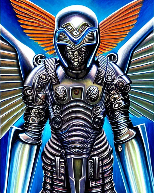 Prompt: Detailed Painting Of a Cyberpunk warrior Archangel knight brute in battle armor with metal metallic wings by Alex Grey