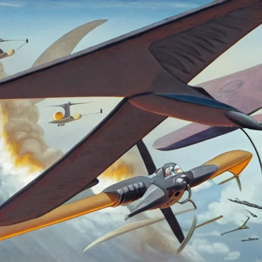 Image similar to a detailed matte painting of a pterodactyl flying in a nazi messerschmitt in a bombing raid, 8 k, artstation, art in a turn of the century pulp novel style