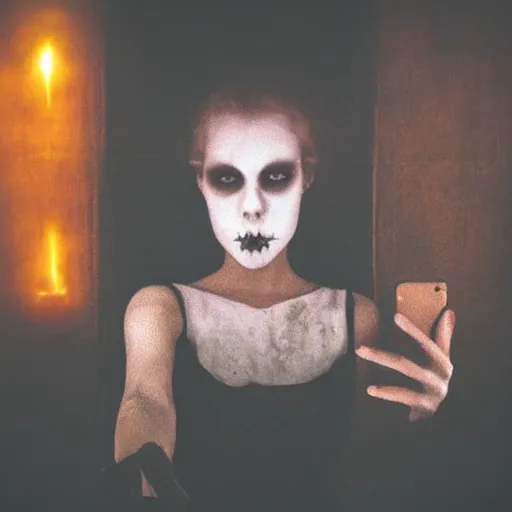 Prompt: cursed selfie of a woman in a dark room!!!!!, photorealistic, grim and gloomy lighting, selfie!!!!!, spooky filter, halloween atmosphere, halloween art style, 4 k, 8 k