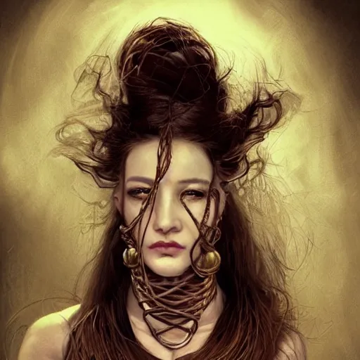 Image similar to portrait of a Shibari rope wrapped face and neck, headshot, insanely nice professional hair style, dramatic hair color, digital painting, of a old 13th century, cyborg traveler, amber jewels, baroque, ornate clothing, scifi, realistic, hyperdetailed, chiaroscuro, concept art, art by Franz Hals and Jon Foster and Ayami Kojima and Amano and Karol Bak,