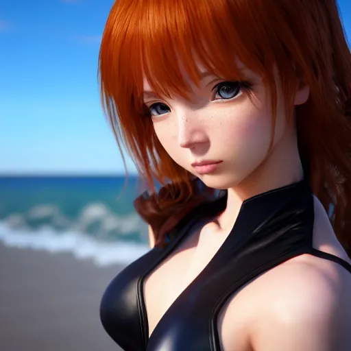 Image similar to black widow as a render of a very beautiful 3d anime girl, long hair, hazel eyes, cute freckles, full round face, short smile, cute sundress, golden hour, serene beach setting, medium shot, mid-shot, highly detailed, trending on Artstation, Unreal Engine 4k