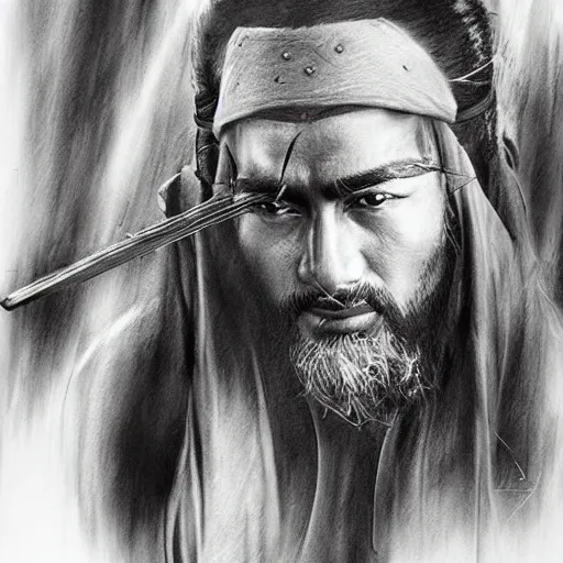 Image similar to Kurdish samurai, detailed charcoal sketch, realistic, incredibly detailed, award winning art, cinematic, extremely high detail, concept art