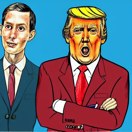 Image similar to !dream The Artwork of R. Crumb and his Cheap Suit Donald Trump and Jared Kushner, pencil and colored marker artwork, trailer-trash lifestyle