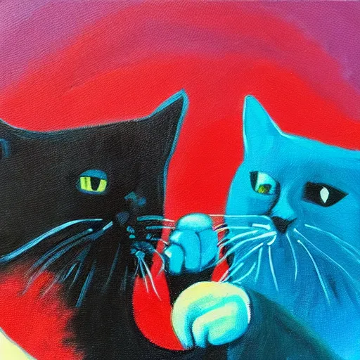 Image similar to a painting of two cats fist bumping each other, there is an explosion behind them