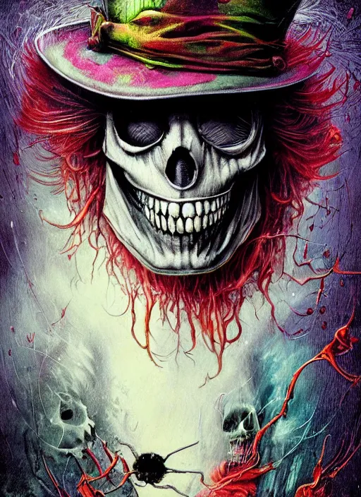 Image similar to mad hatter, alien, skull, highly detailed, cinematic, 8 k, by megan duncanson, benjamin lacombe, adrian borda, stanley artgermm, tom bagshaw, craig mullins, carne griffiths, ayami kojima, beksinski, giger, trending on deviantart, hyper detailed, horror, full of colour