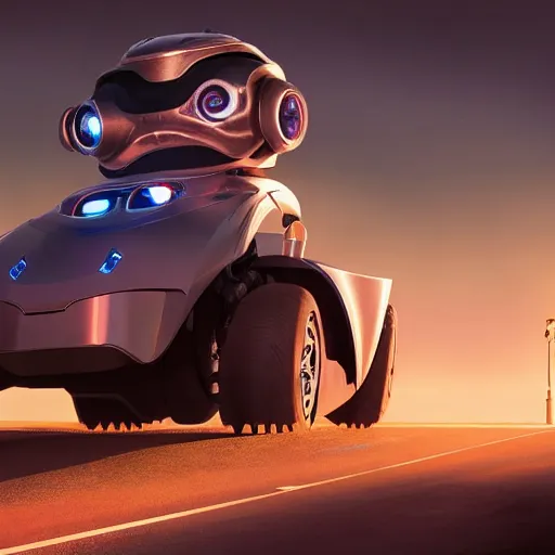 Image similar to Giant half robotic head of David Copperfield, dark hair, heavy eyebrows, on the top of a robotic car with wheels running on a californian highway, rays of light, particles light, kuvshinov ilya, unreal engine