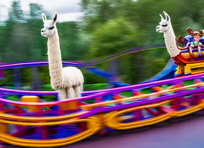 Image similar to film still of a llama riding a roller coaster in disneyland paris, 8 k