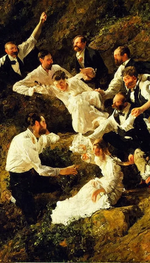 Image similar to still life painting of party falling off a cliff, by Peder Krøyer, dramatic lighting, epic, intricate detail, canvas print