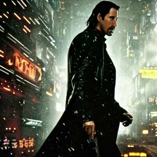 Prompt: film still neo keanu reeves in blade runner, 8 k w 7 6 8