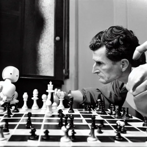 Image similar to ludwig wittgenstein and a humanoid robot, playing chess, dramatic angle