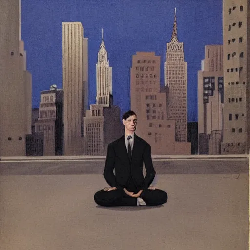 Image similar to man in black suit, meditation pose, new york buildings, city view, leyendecker style