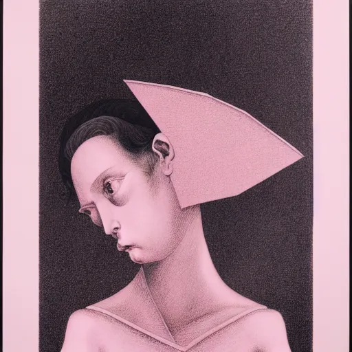 Image similar to pink and white lithography on paper conceptual figurative ( post - morden ) monumental dynamic portrait drawn by hogarth and escher and francis bacon, inspired by goya, illusion surreal art, highly conceptual figurative art, intricate detailed illustration, controversial poster art, polish poster art, geometrical drawings, no blur