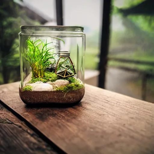 Image similar to a thunderstorm over a wooden cottage inside a terrarium bottle.