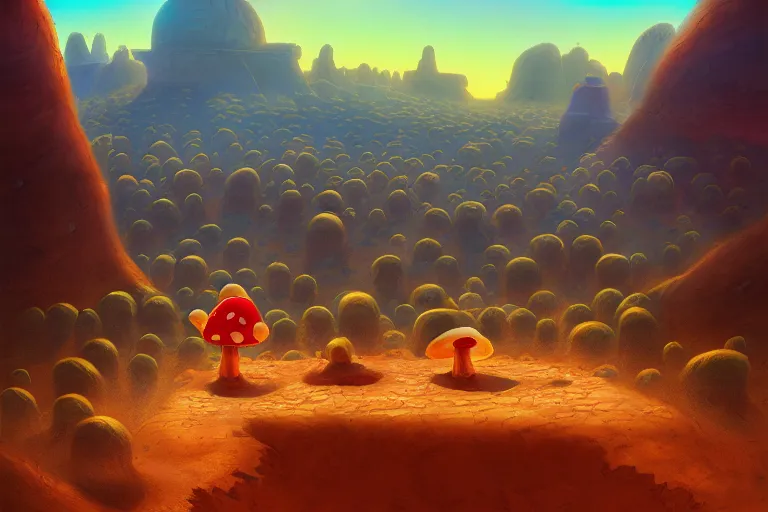 Image similar to Mushroom Kingdom in a desert, by Marc Simonetti and James Gurney | digital painting | trending on artstation