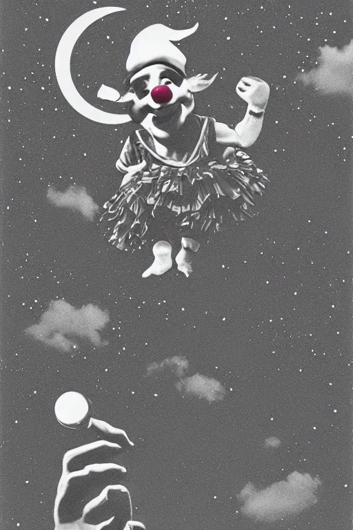 Image similar to clown, eating fish, moon, high res, sky diamonds, film grain