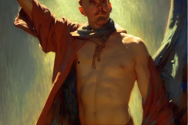 Prompt: male wizard, painting by gaston bussiere, craig mullins, j. c. leyendecker, tom of finland