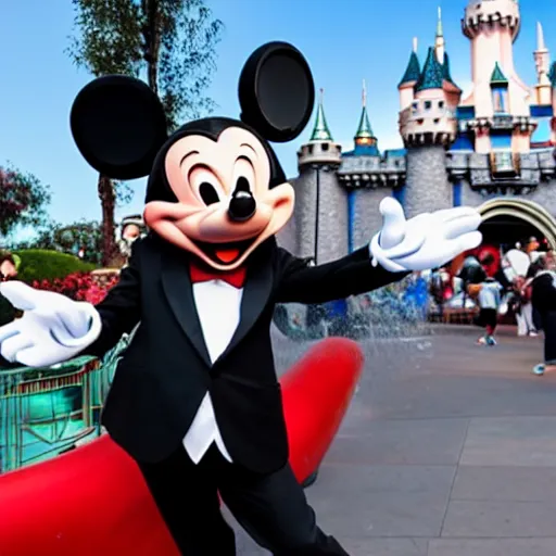 Prompt: mickey mouse gangster attacking tourist in disneyland