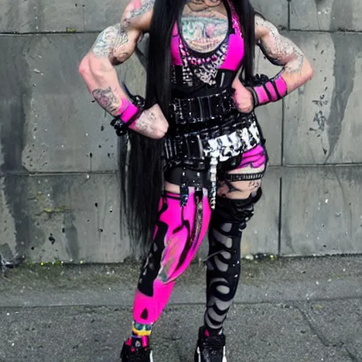 Prompt: cybergoth zyzz radioactive fashion, maximalist maximalism