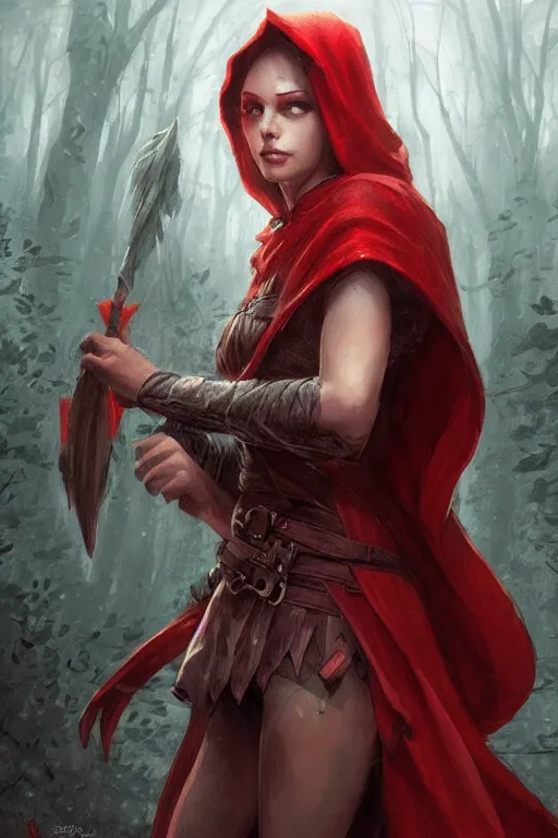 Image similar to amazon red riding hood, d & d, fantasy, highly detailed, digital painting, trending on artstation, concept art, sharp focus, illustration, art by artgerm and greg rutkowski and magali villeneuve