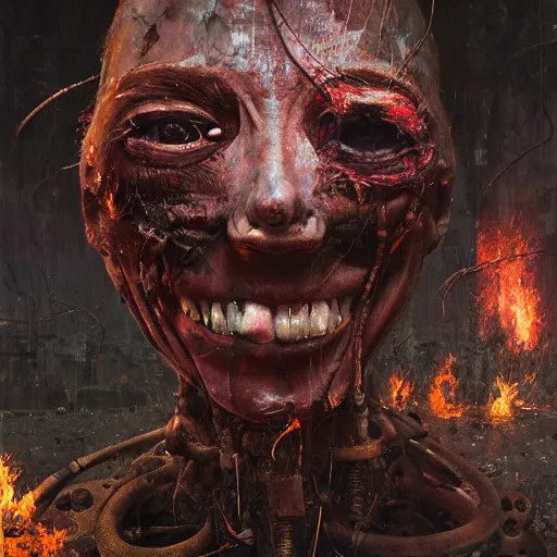Image similar to an realistic humanoid animatronic made of rubbish with a creepy happy face, lost look, sparks, destroyed city on fire, broken wires, depth of field, robotic limbs on floor, by Greg Rutkowski and Zdzisław Beksiński, expressive face, synthetic skin, burnt