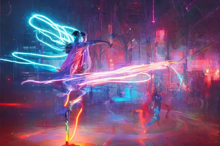 Prompt: magical sorcerer dances with bolts of electricity, digital art, intricate, strong lighting, neon colors, art by ruan jia