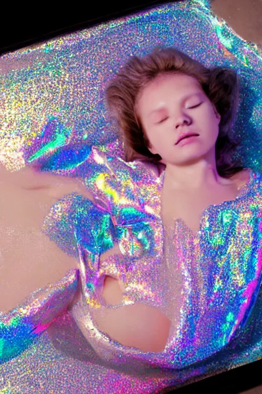 Prompt: hyperrealism close-up young girl lying in a holographic puddle unconscious in a room viewed from above photo by Terry Richardson