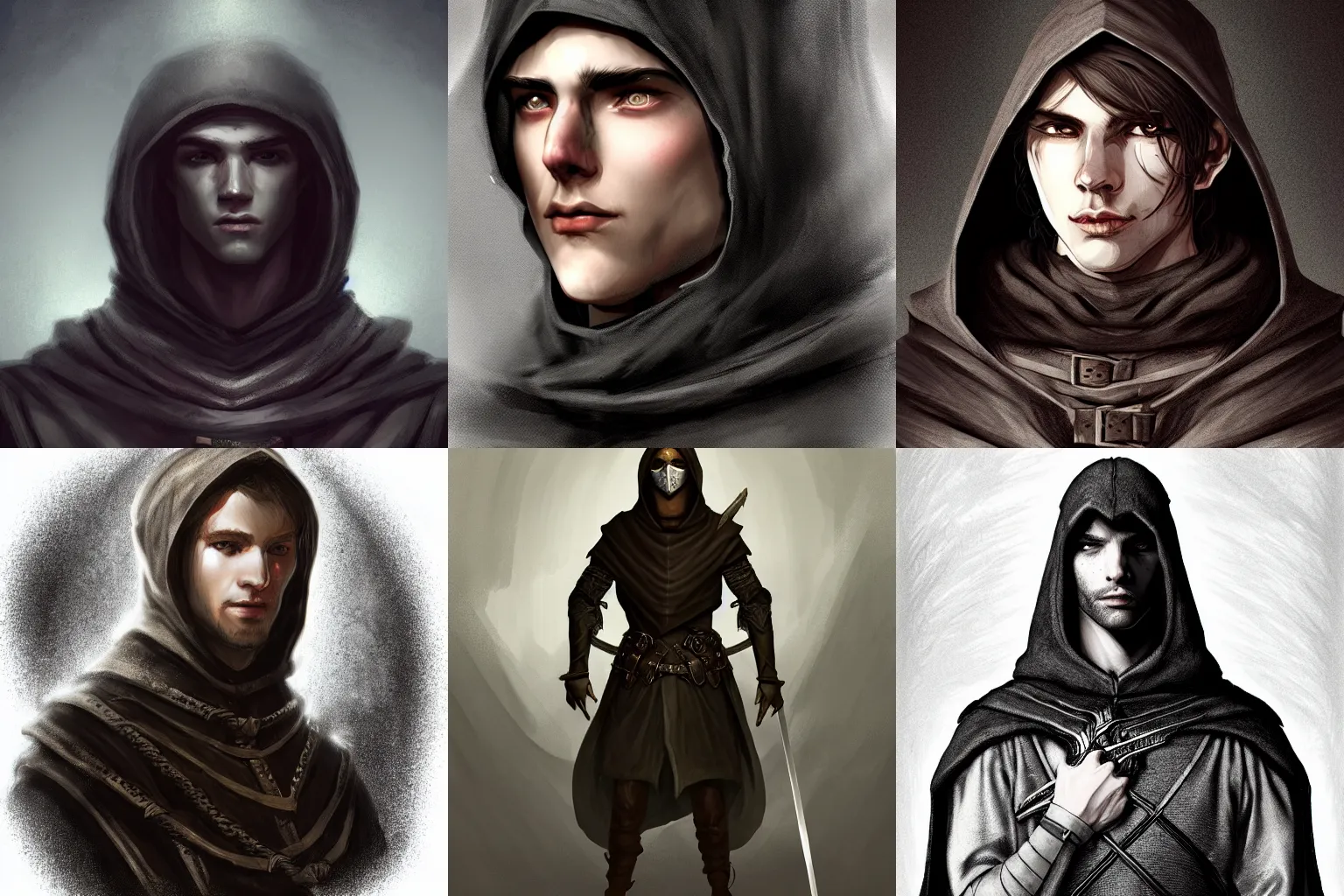 Prompt: portrait, young man :: dark medieval clothes, Hood :: high detail, digital art, fantasy, RPG, concept art, illustration