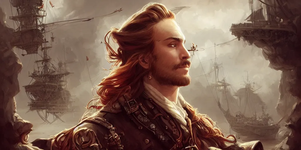 Image similar to 3 / 4 headshot of male airship pirate, d & d, handsome, fantasy, intricate, long hair, airship, steampunk, red hair, elegant, highly detailed, digital painting, artstation, concept art, smooth, sharp focus, illustration, art by artgerm and greg rutkowski and alphonse mucha