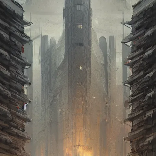 Image similar to intimidating towering brutalist fortress, highly detailed, digital painting, artstation, concept art, smooth, sharp focus, illustration, art by artgerm and greg rutkowski and alphonse mucha