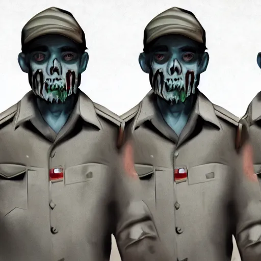Prompt: zombie security officers ( beige uniform and caps ) ( floating in red spectral aura ) wield uzis in ( brutalist concrete gray office ) trending on artstation high detail concept art digital painting 4 k 8 k hd