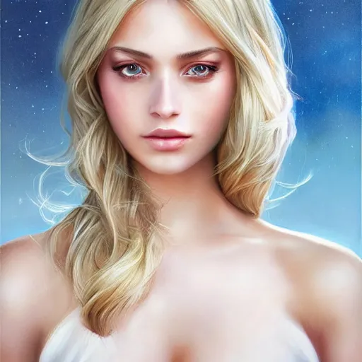 Image similar to a gorgeous female photo, professionally retouched, soft lighting, wearing sundress, illuminated by moonlight, realistic, smooth face, blonde goddess, luscious lips, perfect eyes, wide angle, sharp focus on eyes, 8 k high definition, insanely detailed, intricate, elegant, art by artgerm and wlop