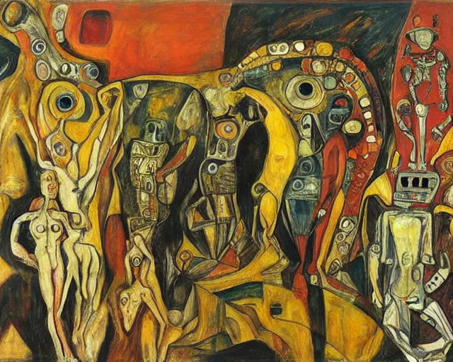 Prompt: a painting of a aliens and robots by graham sutherland, egon schiele, gustav klimt, guernica!!, expressionism