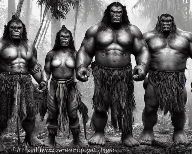 Image similar to hyper realistic group vintage photograph of a live action warcraft orc warrior tribe in the jungle, tall, hulk like physique, detailed faces, tribal paint, tribal armor, grain, old, monochrome, sepia toned, realistic lighting, wide angle