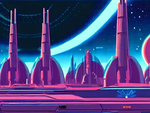 Prompt: a scifi illustration, Galactic City on Coruscant from Star Wars. flat colors, limited palette in FANTASTIC PLANET La planète sauvage animation by René Laloux