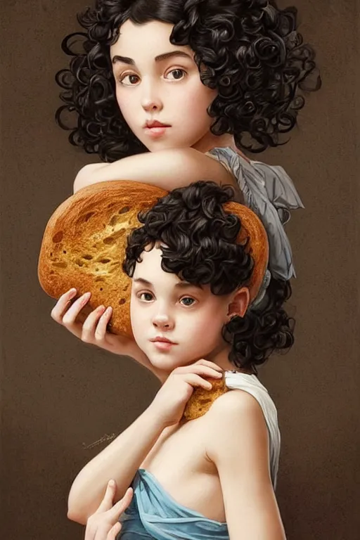 Image similar to beautiful cottagecore of a girl with short black curly hair, round face, cute face, holding a loaf of bread. There's also a black cat on her shoulder. intricate, elegant. highly detailed, digital painting, artstation, concept art, smooth, sharp, focus, illustration. . art by artgerm and greg rutkowski and alphonse mucha