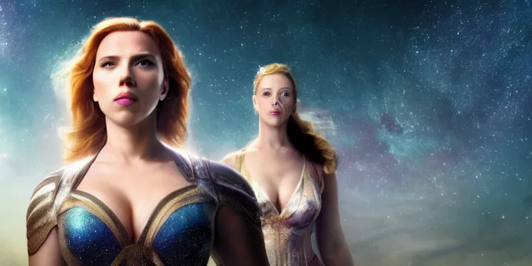 Image similar to film still of unrealistically curvy scarlett johansson, focus on facial - detail!!!!!!, walking on the bifrost, toward an endless abyss in space, wearing a flowy bikini inspired by ancient roman clothing, beautiful astronomical background with galaxies and nebulas, lack of sunlight, 8 k resolution, cinematic lighting, anatomically correct, by christopher nolan