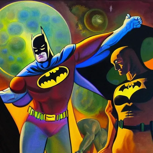 Prompt: batman achieves godhood and creates a new multiverse. vibrant, cosmos, secret knowledge. oil painting in the style of thomas hart benton.