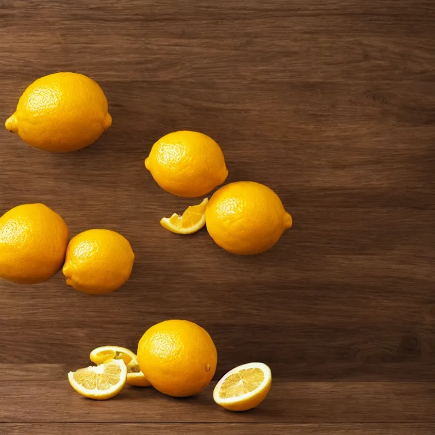 Prompt: a lemon surrounded by oranges sitting on a wooden table