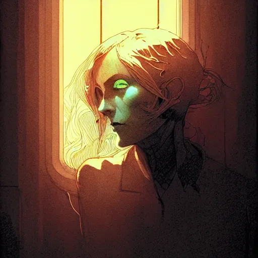 Prompt: portrait backlit light, by killian eng and bernie wrightson and martin deschambault and conrad roset, inspired by victorian horror, etching, fine, sharp high detail,