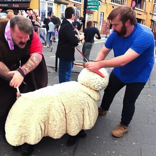 Image similar to photo of a man in a sheep costume is on fire and jesus is helping him outside a british pub