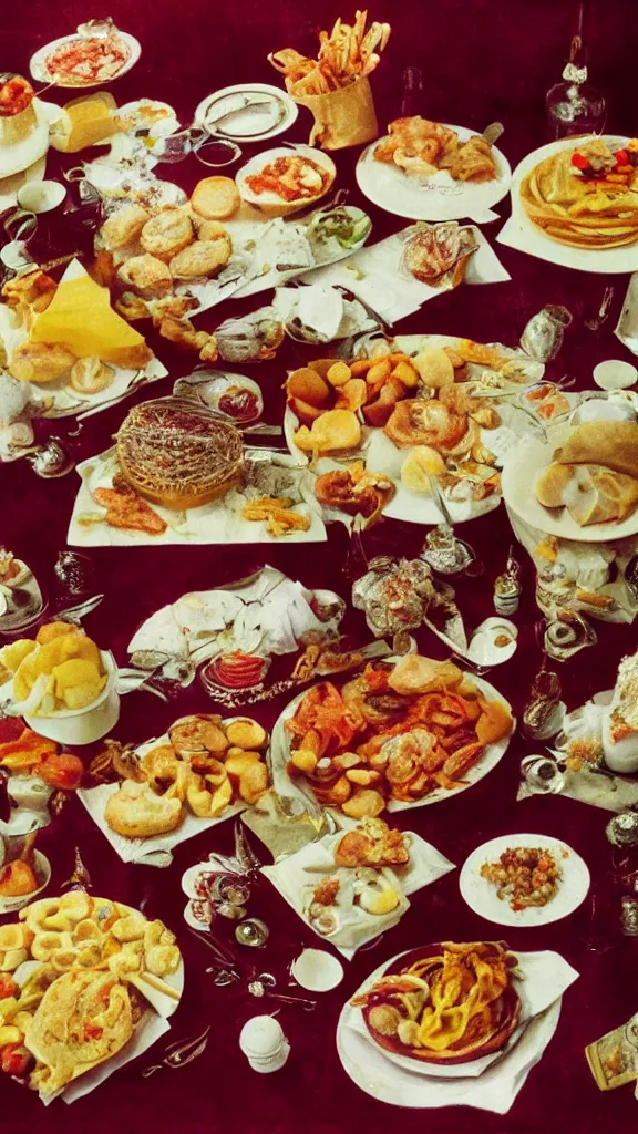 Prompt: 6 0 s food photography of a lavish spread of disgusting and strange party foods, on a velvet table cloth, soft focus