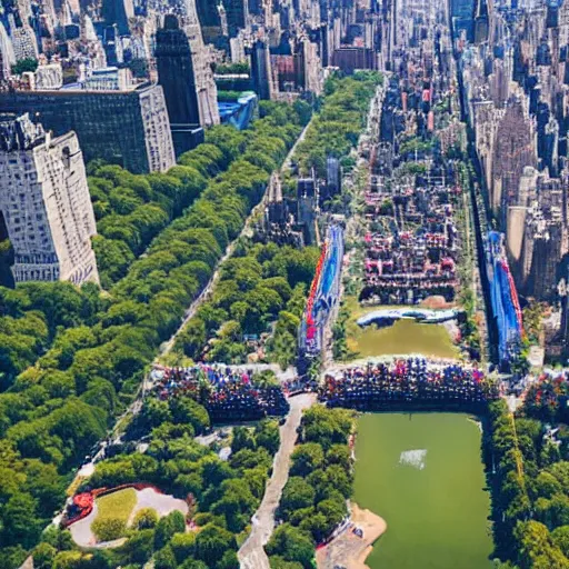 Prompt: central park in new york city is converted into an amusement park, aerial view