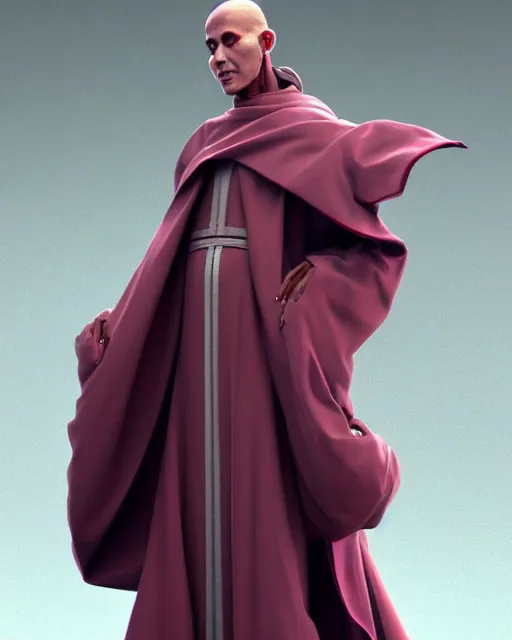 Image similar to a robot monk wearing a flowing cloak, vaporwave aesthetic, 3 d render, octane, zbrush, painting, artstation, concept art, smooth, sharp focus, illustration, art by artgerm and greg rutkowski and alphonse mucha