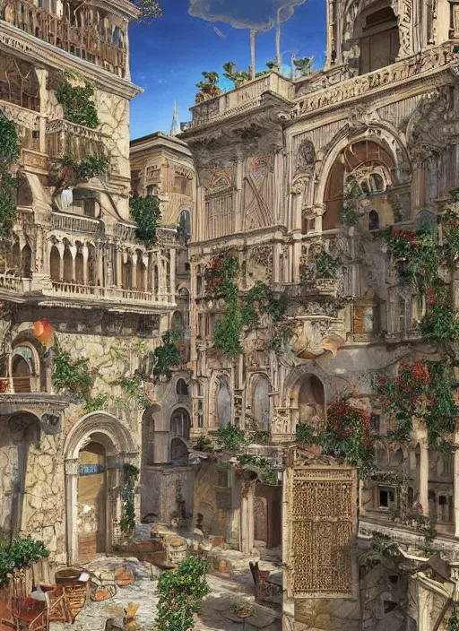 Prompt: venecian city scape, full colour, the alembic of literary dreams as decoration, full colour, 3 d shaded, by ernst haeckel, zbrush central,